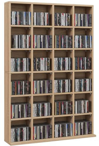 HOMCOM Rangements pour CD et DVD 89x20x130,5 cm, Bois Naturel | Meuble de Rangement Multimédia, Bibliothèque, 24 Compartiments, Étagères Ajustables, Capacité Max. 456 CD/336 DVD
