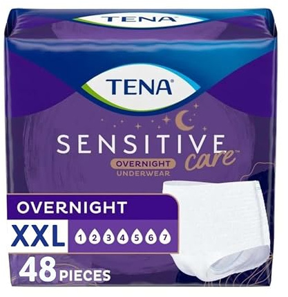 TENA Sensitive Care Overnight Incontinence Underwear for Women, Adult diapers, XX-Large (Waist Sizes 47in–66in), Better Fit, 48 Count (4 packs of 12)