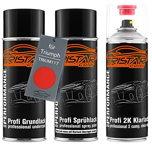 TRISTARcolor Motorradlack 2K Spraydosen Set für Triumph TRIUM117 Lucifer Orange Grundlack Basislack 2 Komponenten Klarlack Sprühdose