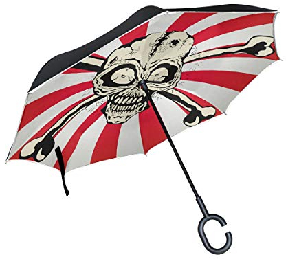 MNSRUU umgekehrte Regenschirme Totenkopf mit Knochen, doppelschichtig, faltbar, Winddicht, UV-Schutz, Winddicht, Reiseschirm für Damen und Herren
