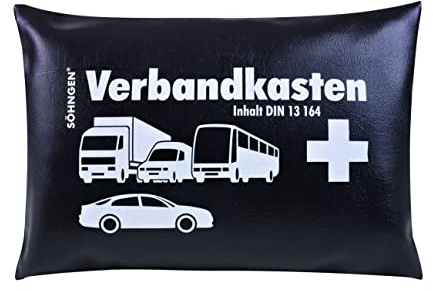 Söhngen KFZ Verbandskasten schwarz (Verbandskasten inkl. Füllung nach DIN 13164, 2x Mundschutzmasken, Größe ca. 300 x 220 x 60 mm, Tasche aus Kunstleder, Erste-Hilfe)