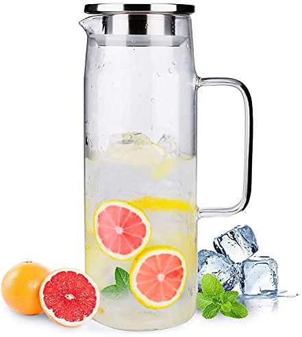 Webao Jarra de Cristal, 1200ml Jarras Para Agua con Tapa, Borosilicato Botella de Vidrio para Té, Café, Jugo, Vino