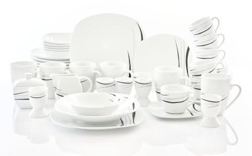 Cosmos Kombiservice 62-teilig, edle grau-schwarze Linien, eckig Porzellan | unser Rundum-Sorglos-Paket für 6 Personen, moderne eckige Form, minimalistisches zeitloses Design, perfekt für jeden Anlass