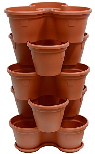 Engelland 5X Blumentopf, Säulentopf, Pflanzturm, Hochbeet, Pflanztopf-Kübel mit Untersetzer, stapelbar, widerstandsfähig, Kunststoff, für Außenbereich, 55 Liter, Farbe: Terrakotta