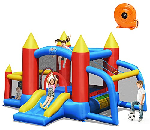 GOPLUS Kinder Hüpfburg mit Rutsche & Ballpool, aufblasbares Springburg für 3-10 Jahre alt, Hüpfschloss für Indoor & Outdoor, max. Belastbarkeit bis 90 kg, mit Luftpumpe (Modell 1, Mit Gebläse)