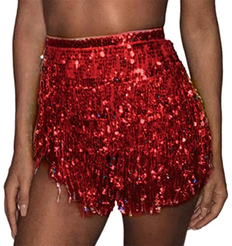 Minetom Damen Bauchtanz Und Latin Dance Glitzer Rock Pailletten Quaste Tanzröcke Fransen Outfits Röcke Bauchtanz Hüfttuch Gürtel Röcke A1 Rot One Size