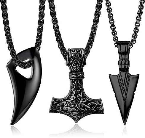JeweBella 3PCS Wikinger Halskette Herren Thors Hammer Anhänger Edelstahl Mjolnir Wolfszahn Amulett 60cm Kette Silber/Schwarz Nordisch Thors Halskette Wikinger Herren Geschenk Schmuck