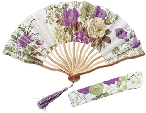 BICBLL Faltbare Fächer Handfächer, Chinesischer Blumen Stoff Fächer Bambusgriff Wandfächer, Chinesischen Stil Hand Fächer Mit Quasten für Wanddekoration und Geschenke