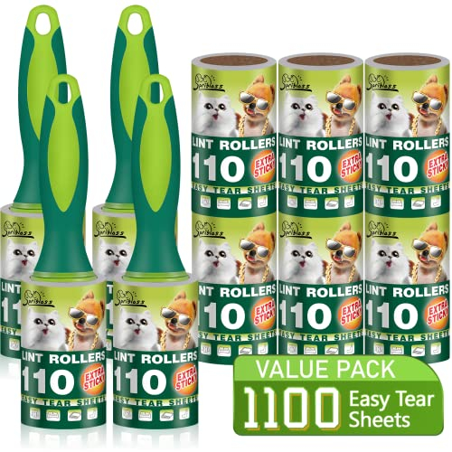 SPRIBLOSS Extra Sticky Lint Rollers for Pet Hair, 1100 Sheets Total, Upgraded 4 Handles with 10 Refills Portable Travel Size for Couch Furniture Clothes Dog & Cat Hair Remover