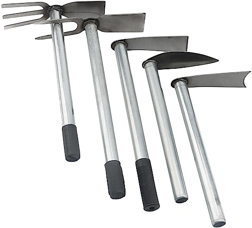 ZEONHEI 5 PCS Hoe Garden Tool Set, Hoe and Cultivator Hand Tiller, Heavy Duty Digging Hoes, 2 Fork and 3 Fork Hand Tiller for Gardening Weeding Digging Loosening Soil, Carbon Steel