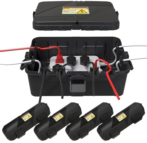 Large Outdoor Electrical Box Waterproof (12.5 x 8.5 x 5 Inch) with 4 Small Plug Protector, IP54 Weatherproof Extension Cord Cover with 8 Cable Entry for Holiday Light, Timer Outlet, Smart Plug, Black