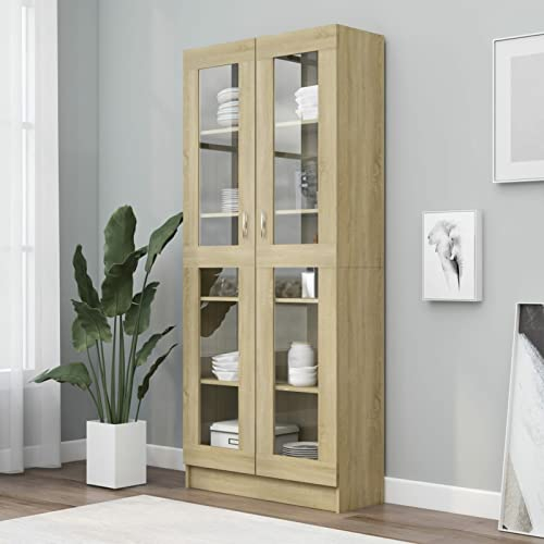 Festnight Vitrinenschrank Bücherschrank Mit Glastüren Aktenschrank Glastür Glasvitrine Hochschrank Stehend Vitrine Schrank Sonoma-Eiche 82,5 x 30,5 x 185,5 cm Holzwerkstoff