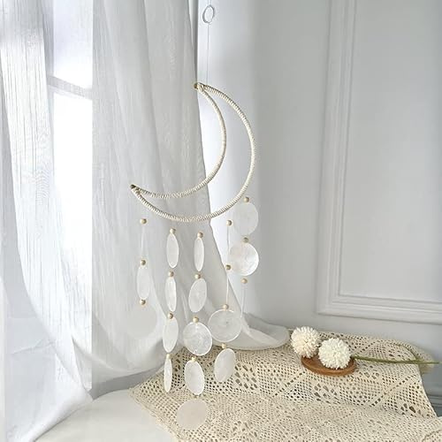 Windspiel Weiß Perlmutt Muscheln Traumfänger Mond Windspiel Capiz Muschel Kette Girlande Hänge Deko Muschel Windspiel Gartendeko für Fenster oder deko Wohnzimmer Kinderzimmer Dekoration 49cm * 18.5cm