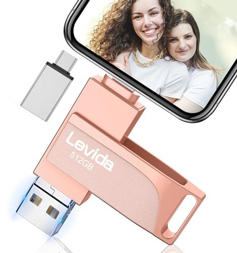 USB Stick 512GB für Phone,Levida Speicherstick,Photostick,Externer Speicher 4 in 1,Fotostick 3.0,Flash Drive für Handy,iOS,Android,Pad,Laptop,Pc(Mobile Memory,Automatic Photo Backup),Hellrosa