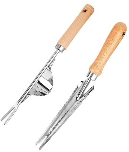ZSMJAER 2 Stück Hand Weeder unkrautgabel Jäter Werkzeug Gartengerät,Manueller Unkrautstecher aus Edelstahl,Mit Naturholzgriff,Zum Jäten des Gartens,zum Umpflanzen