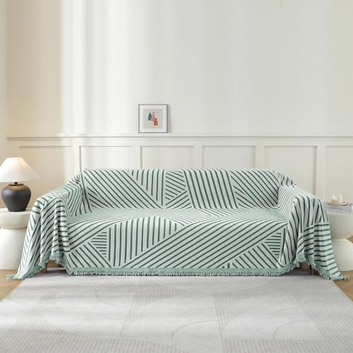 YSTELLAA Sofföverdrag 3-Sits, 180×340CM, Chenille Ab-Sidigt Överdrag För Hörnsoffa, Pet Soff Cover Överdrag, Sofföverkast Fläckbeständig Heminrednin, Sofföverdrag Med Tofs, Ljusgrön-Line