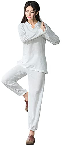 Tai-Chi-Kleidung für Damen, Kampfsport-Anzug, Kung-Fu-Uniform, Baumwolle und Leinen, chinesischer Stil, literarische Zen-Tee-Kleidung, Tang-Anzug, Oberteil, Meditationskleidung, Weiß-XL (Weiß M)