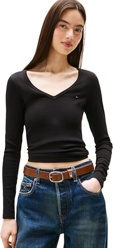 Tommy Jeans Camiseta de Manga Larga Mujer Slim Fit Essential V-Neck con Cuello de Pico, Negro (Black), L