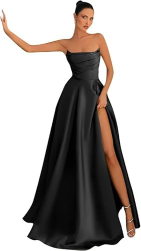 Neejafrog Abiti da Ballo in Raso Senza Spalline da Donna Senza Maniche A Line Corset Ball Gown Abiti da Festa da Sera con Spacco Lungo