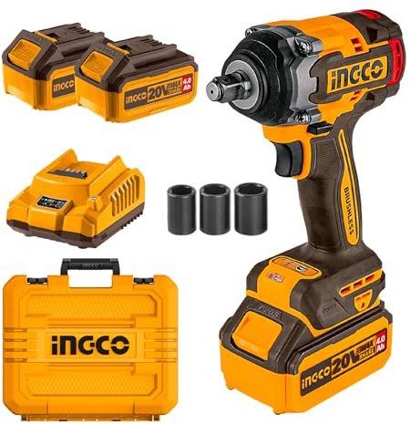 Ingco 1/2 Clé à Chocs sans Fil 20V, Moteur Sans Balais, 500NM Boulonneuse à Choc Electrique, 2200 tr/min avec 3 Douilles (21/22/24 mm), 2 Batteries 4,0 Ah et 1 Chargeur CIWLI2050