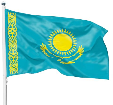 PHENO FLAGS Kasachstan Flagge 90x150cm - wetterbeständige Fahne mit Messingösen, 100% Polyester, robuste Doppelnaht & in lebendigen Farben - ideal für Flaggen-Liebhaber