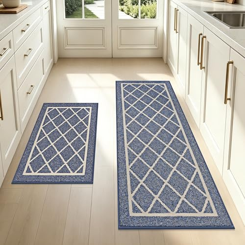 BEQHAUSE Kitchen Rugs, Non-Slip, Machine Washable, 50x76cm+50x122cm, Blue