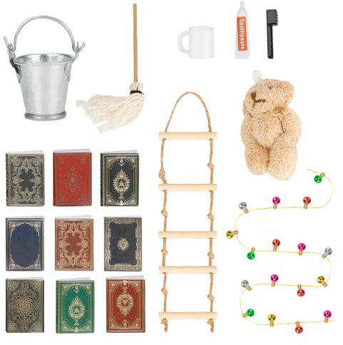 Wichtel Zubehör,16 Stück Puppenhaus Zubehör Strickleiter Wichtel Wichtel Lichterkette Miniatur Zahnbürste Buch Zubehör Miniatur Mopp Wichtel Zubehör Weihnachten