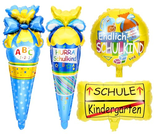 HOWAF 4 Luftballons Einschulung Deko, Zuckertüte Folienballon Endlich Schulkind Luftballon, Helium Ballon für Schuleinführung Schulanfang Deko