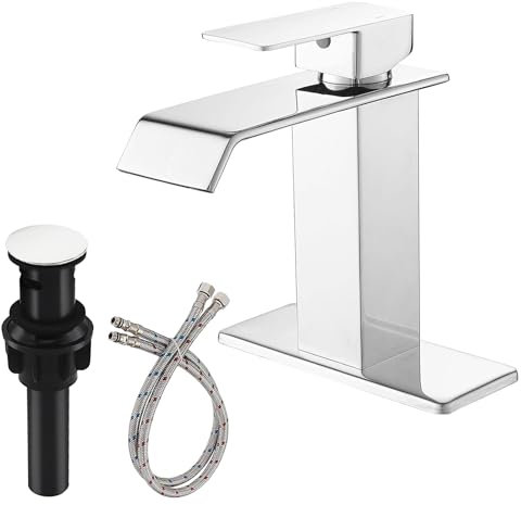 RUITHOE Chrome Waterfall Bathroom Faucet 1 Hole Deck Mount, Single Handle Bathroom Sink Faucet Modern Polished Lavatory Vanity Mixer Tap Commercial with Pop Up Drain