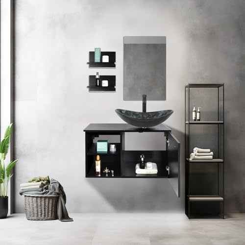 YU YUSING Badmöbel Set mit Waschtisch 71cm Unterschrank Waschbecken Spiegel | Badezimmermöbel mit Waschtisch, Badezimmerschrank, Spiegelschrank, 2 Wandregale, Wasserhahn Set (Modern Dunkelgraue)
