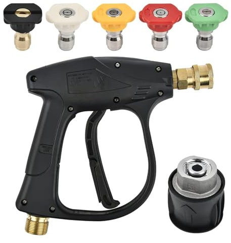 NIYATA Pressure Washer Gun, Jet Wash Gun with M22 14MM Hose Interface and 5 Nozzles, Short Jet Wash Gun Compatible with Karcher 1/4 Inch Quick-Connect Nozzles for Patio Cleaning and Car Washing