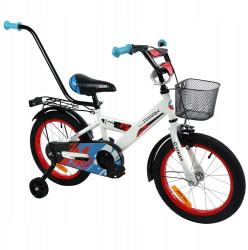 VIKAS Kinderfahrrad Fahrrad Kinder Ab 3 Bis 6 Jahre Mit Stützrädern Abnehmbarer Schubstange Fahrradklingel 16 Zoll Radgröße Korb Für Junge Spark Weiß Rot Blau