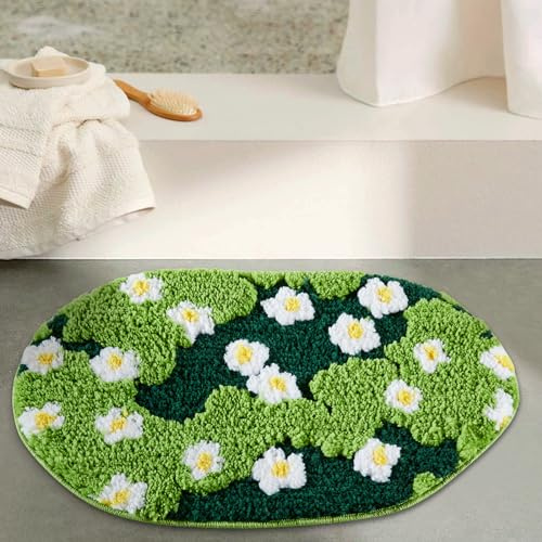 Ouyattle Niedlicher Gras-Teppich, grüner Blumen-Badteppich, ästhetischer Badezimmerteppich, 61 cm B x 91,4 cm L, rutschfest, waschbar, modern, schick, Boho, flippiger Überwurf, Teppiche für