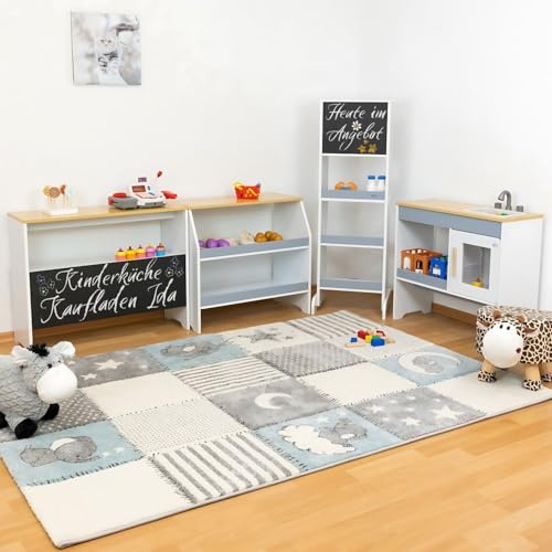 Coemo Kaufladen und Spielküche Ida in einem, Farbe Grau, große Kinderküche | 4er-Set mit Spülbecken, Spielzeugküche, Holzküche mit Kreidetafel, Küche für Kinder ab 3 Jahren