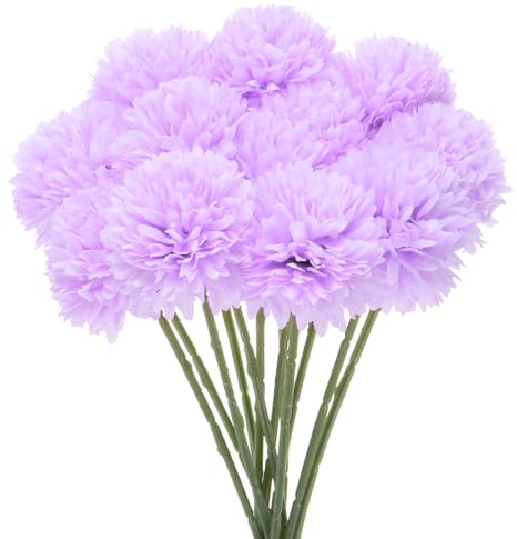 M METERXITY 12-Pack Flores de Bola de Crisantemo Artificial, Ramilletes de Hortensias de Seda de 11, Tacto Real, Flores Falsas para Hogar/Boda/Navidad/Fiesta/Jardín Oficina [Lila Claro]