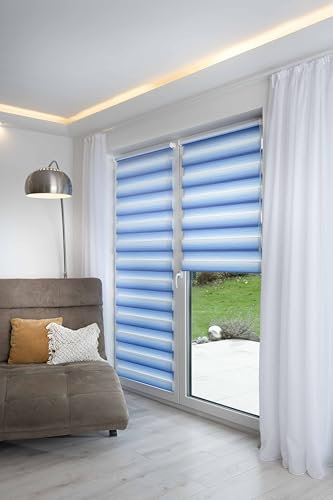 K-home® Klemmfix Doppelrollo Madrid ohne Bohren Farbverlauf Blau B60 x H150 cm