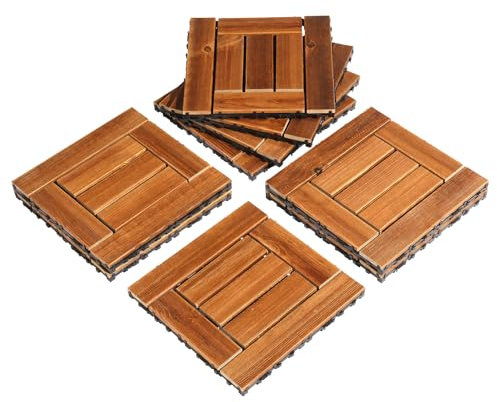Bonnlo Garden Decking Tiles, 9 Pcs Wood Outdoor Flooring for Patio Paving Slabs Decking Squares Indoor & Outdoor 30x30cm (9 Pcs Wood)