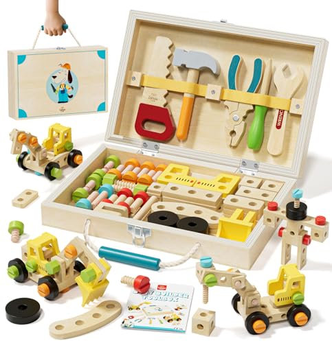 Lehoo Castle Werkzeugkoffer Kinder Werkzeug, Montessori Spielzeug ab 3 Jahre, Motorik Holzspielzeug Geschenk Junge Mädchen Werkzeug Motorik Lernspiele 2 3 4 5 Jahre