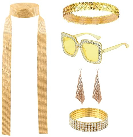 TUONYIS 6-delad 70-tal 80-tal discokostym tillbehör, 1970-tals disco kostym dam, paljetter scarf örhängen solglasögon armband och pannband för retrofest (guld)