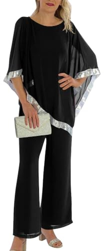 shownicer Hosenanzug Damen Festlich Elegant 2 Teiler Halbe Ärmel Top Und Hohe Taille Hosenanzüge Große Größen Tüll Abendanzug Sets Zweiteiler Outfit Set A Schwarz L
