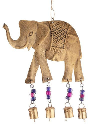 Vivanta Handgjorda vindspel med elefant – 38 cm rustik vindfångare i metall med pärlor och koklockor – boho bondgård utomhus- och inomhusdekor för jul, trädgård, uteplats, veranda, balkong (38 cm