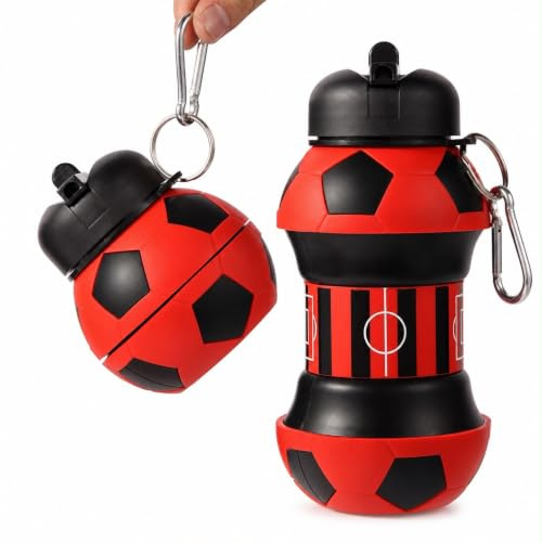 Generico Borraccia bambini, Regalo calcio,Borraccia 500ml, Regali Pasqua bambini, Oggetti calcio,Regali Pasqua originali,Borraccia silicone resistente ecologica pieghevole(rosso e nero)