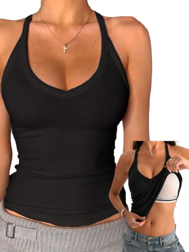 Danysu Racerback Vest Top with Built in Bra Women V-Neck Cotton Rib Basic Long Tanks Y2k Going Out Tops | Crisscross Strappy Longline, Sports Bra, Padded, Stretch Tank Tops, Workout, Yoga, Gym, Running Top