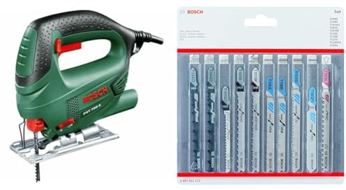 Bosch Stichsäge PST 700 E (1x Sägeblatt, Koffer, 500 Watt) + Accessories Professional 10tlg. Stichsägenblätter Set (für Holz und Metall, Zubehör für Stichsägen mit T-Schaft Aufnahme)