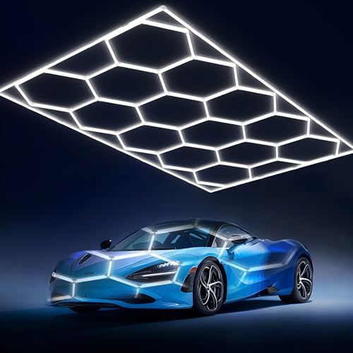 Luminaire de Garage à LED en Nid d'Abeille, 672W 6500K Plafonnier d'Atelier Déformable Dly Hexagon pour Garage, Atelier, Entrepôt, Sous-Sol, Salle de Sport(14 trous)