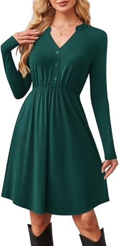 Florboom Women's Long Sleeve Knee-Length Casual Dresses V-Neck Knitted A Line Button Elegant Dress with Pockets (Dark Green S)