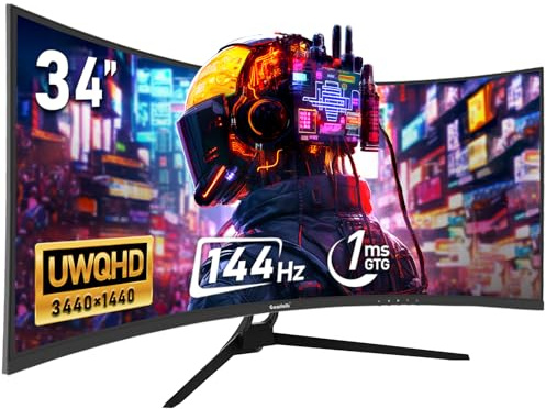 Gawfolk Moniteur de jeu (144 Hz, 34 pouces, 1500R, 21:9, UWQHD (3440 x 1440), Synchronisation adaptative, angle de vision 178°, 1.4 DisplayPort, HDMI 2.0, Supporte