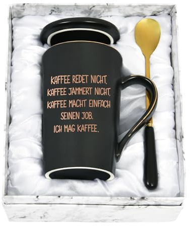 Diztoud Kaffeetasse Geschenk, Kaffee Geschenk, lustig Tasse mit spruch Kaffee macht einfach seinen Job, Geschenke für Kollegen Chef Büro, 400ML Keramik Marmorbecher mit Deckel, Löffel und Geschenkbox