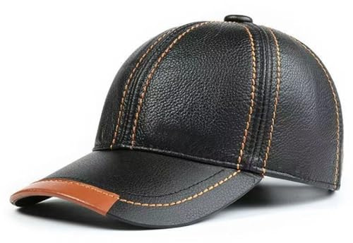 Berretto in Pelle per Uomo, Cappellini da Baseball Invernali in Pelle Berretto Caldo per Persone di Mezza età e anziane con Cinturino Posteriore Regolabile Cappello in Vera Pelle,Nero,One Size