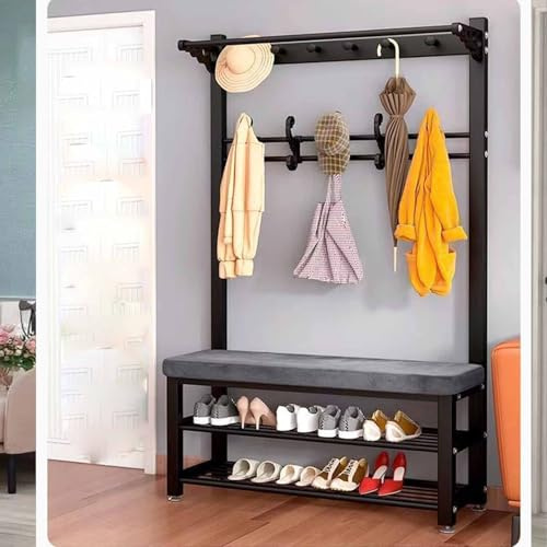Entryway Hall Tree with Shoe Bench, Metal Coat Rack with Cushion, Stylish Home for Coats & Shoes, 100cm Black Entryway Storage Solution